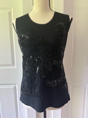 Black Beaded Floral Sleeveless Tank Top